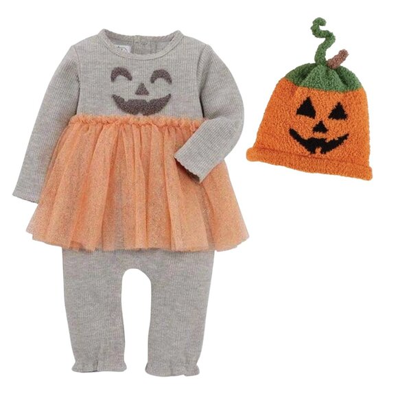 Baby Pumpkin Outfit 2-Piece Bundle 🎃 Mud Pie Tutu Romper + Knit Hat | Halloween - Picture 1 of 2